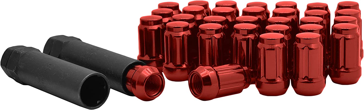CTM 20pc M12x1.5 Solid Steel Spline Spike Lug Nuts – 4.5" Tall Red – Cone Seat – Key Included